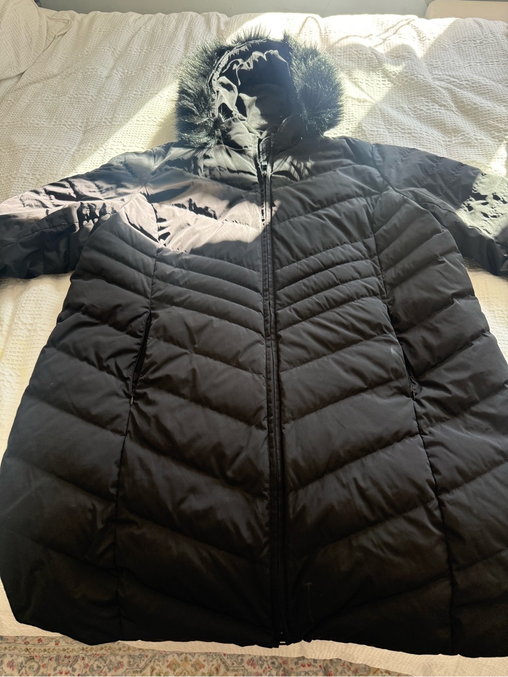 Talbots Black Quilted Puffer Coat with Faux Fur Hood